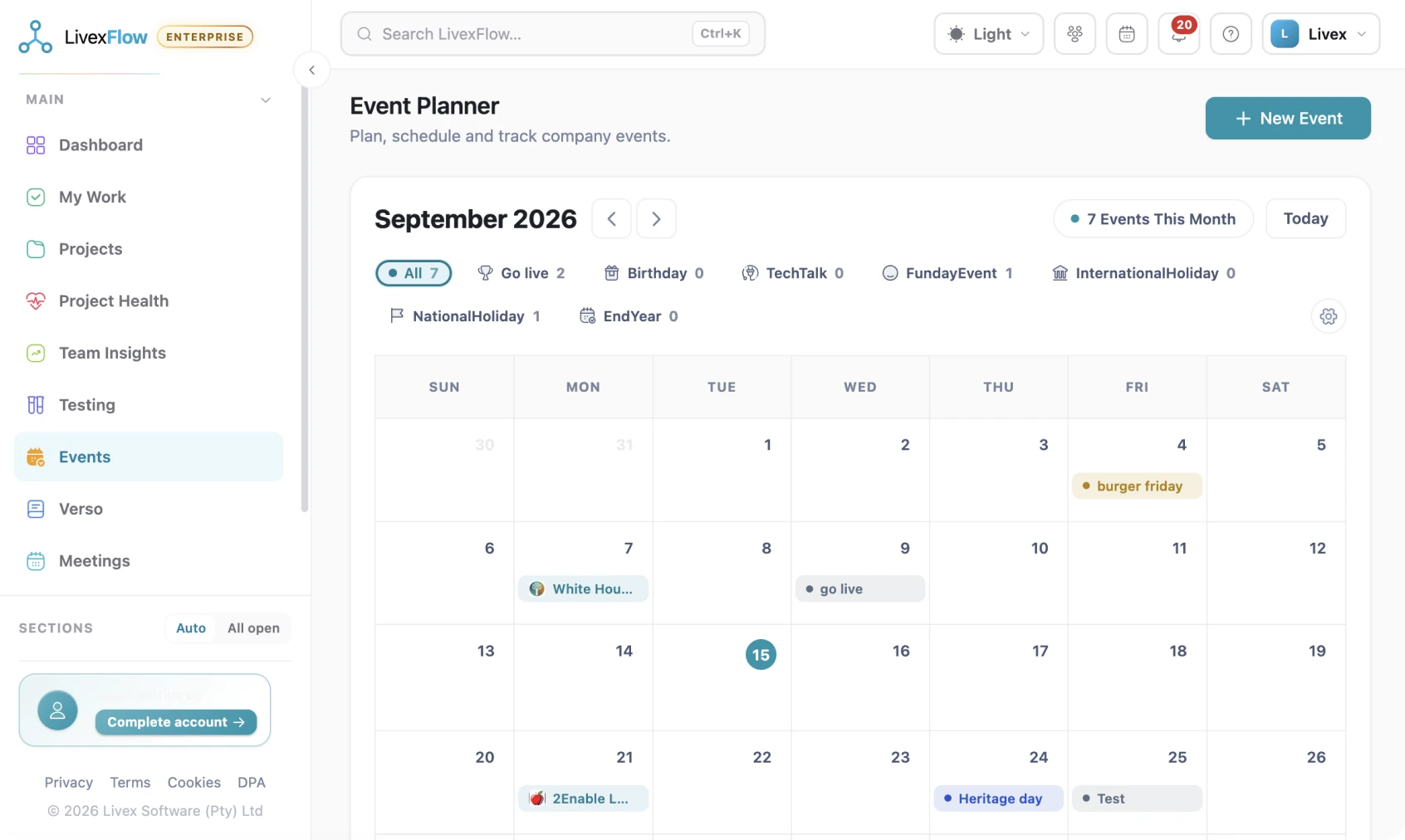 The LivexFlow event calendar showing a month of company events