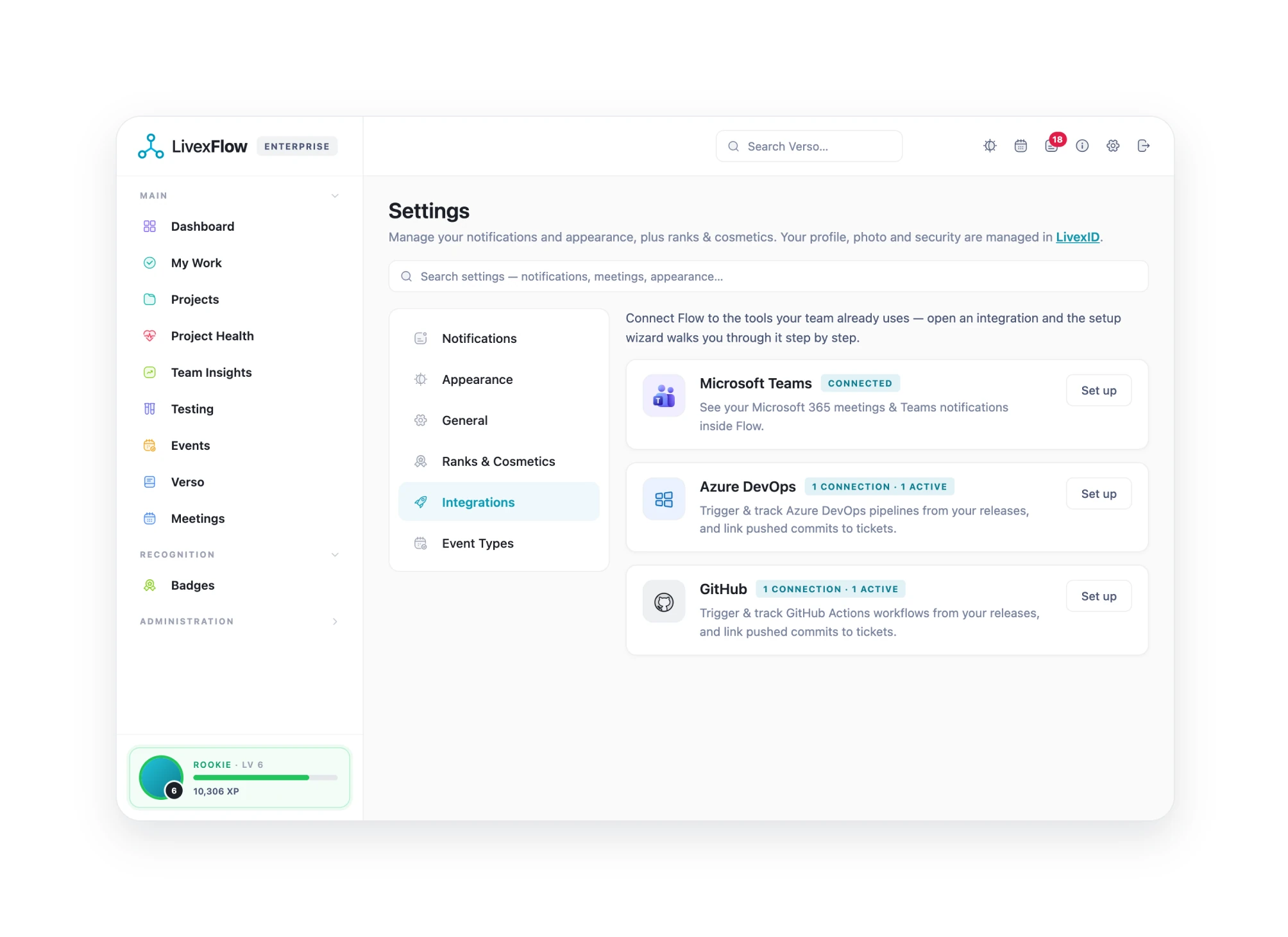 The LivexFlow integrations settings hub with each provider's connection status