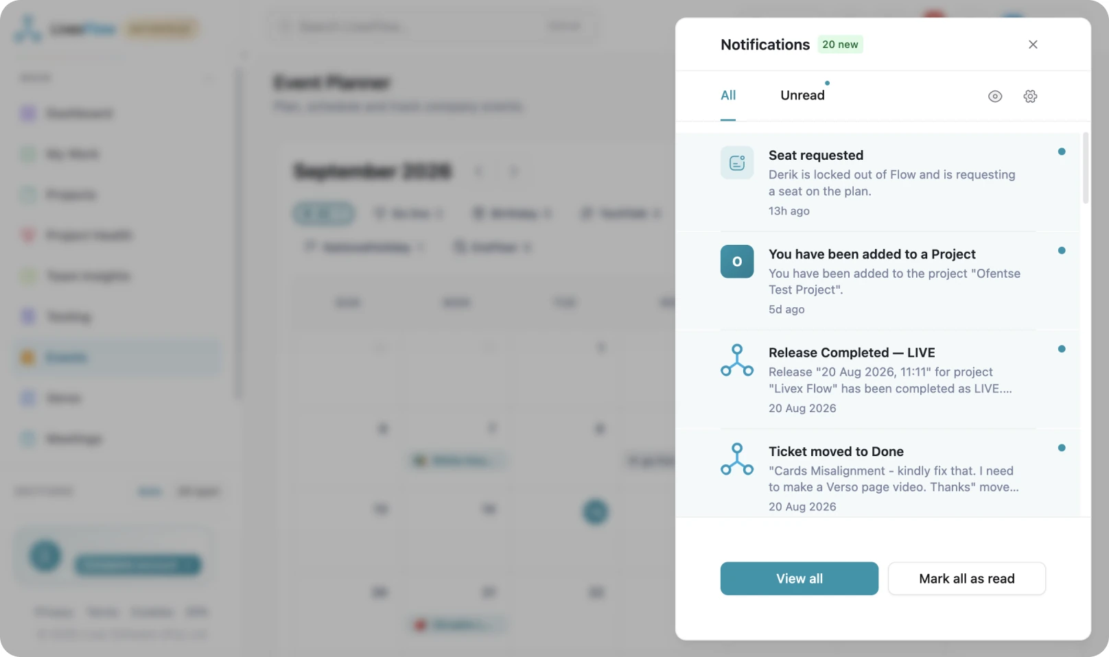 The LivexFlow notification centre with project-branded alerts