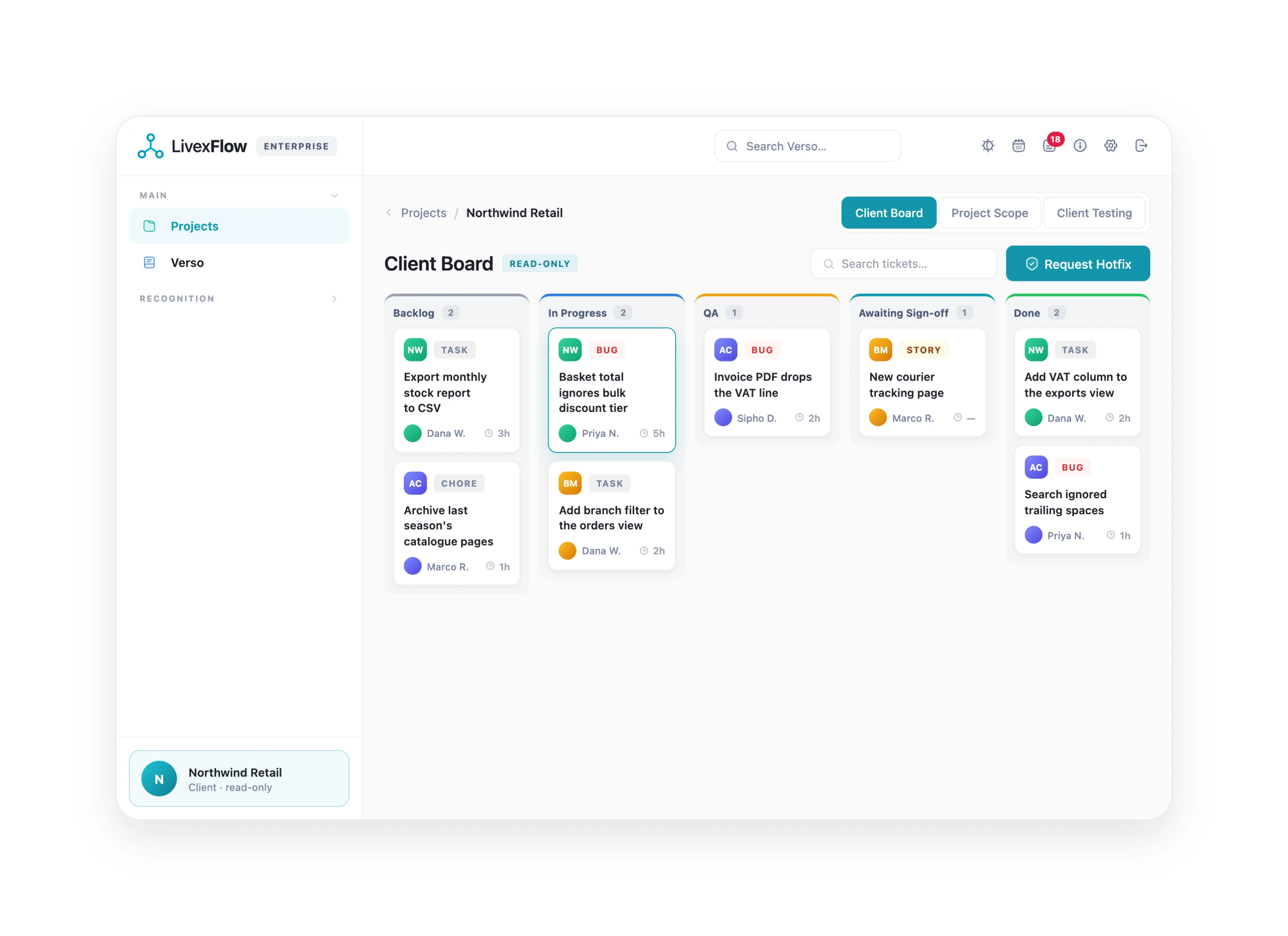The LivexFlow client board, showing only the tickets published to the client