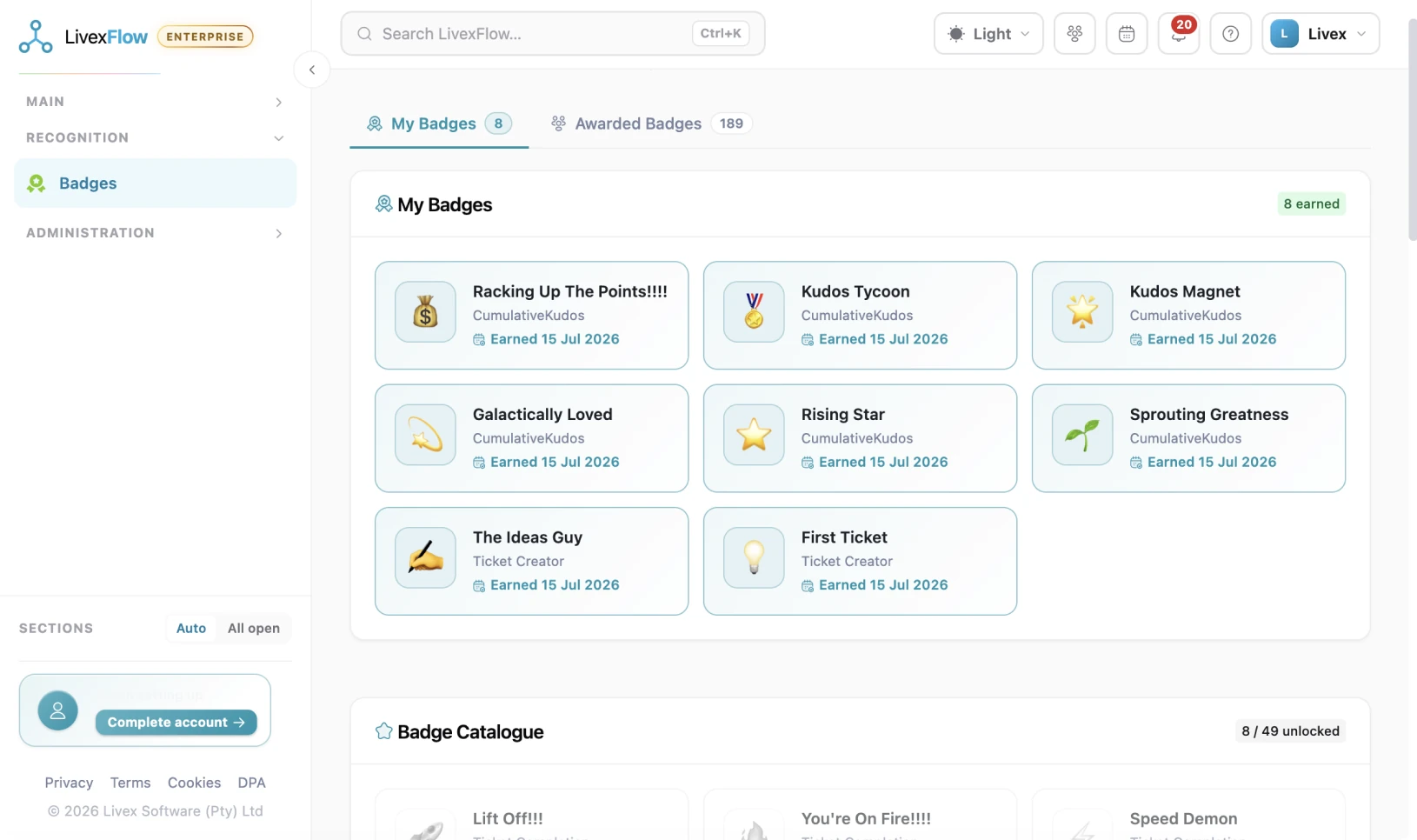 A LivexFlow profile showing earned XP, rank and badges