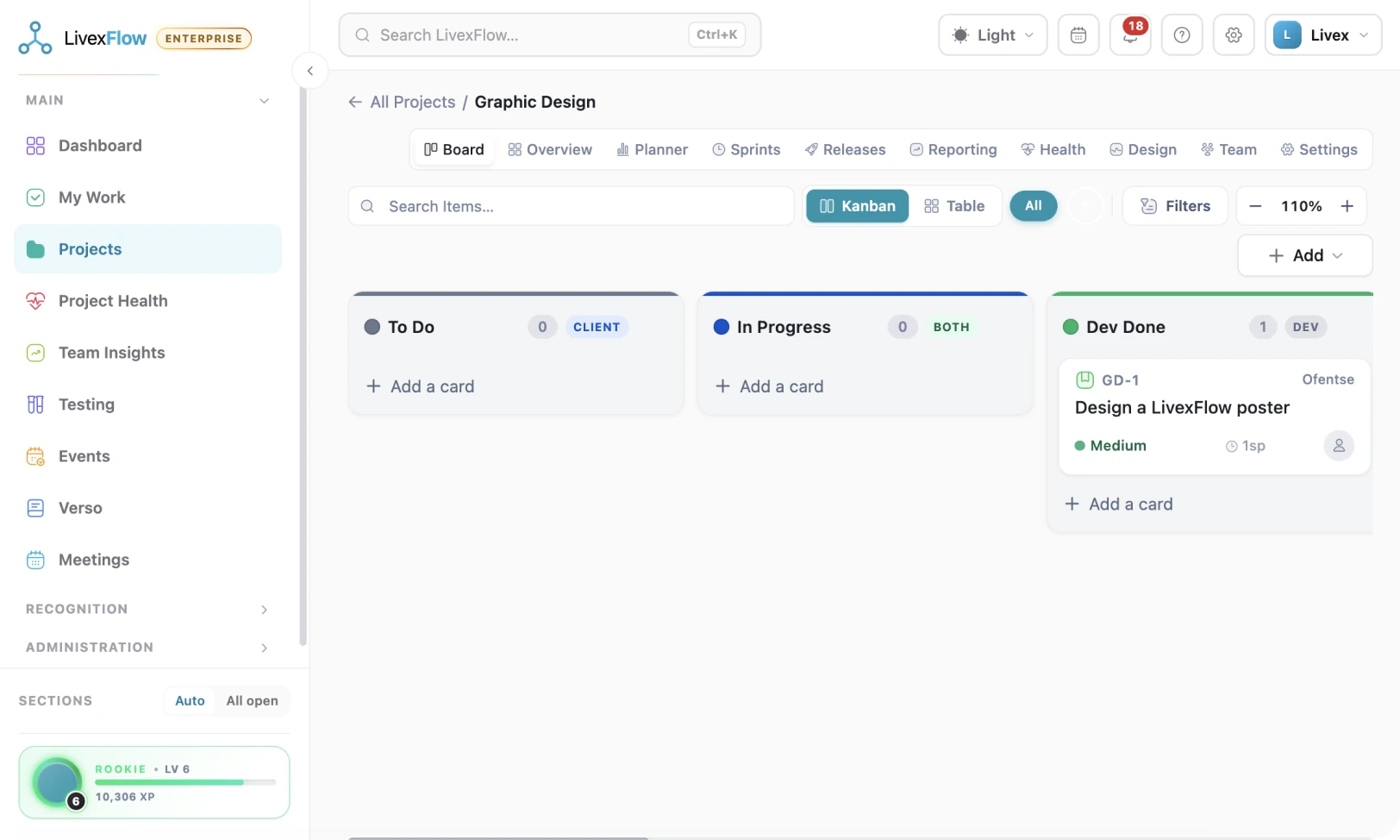 A LivexFlow kanban board with tickets across configurable columns