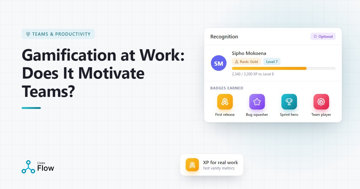 Software team celebrating a small win, illustrating gamification at work with badges and progress levels