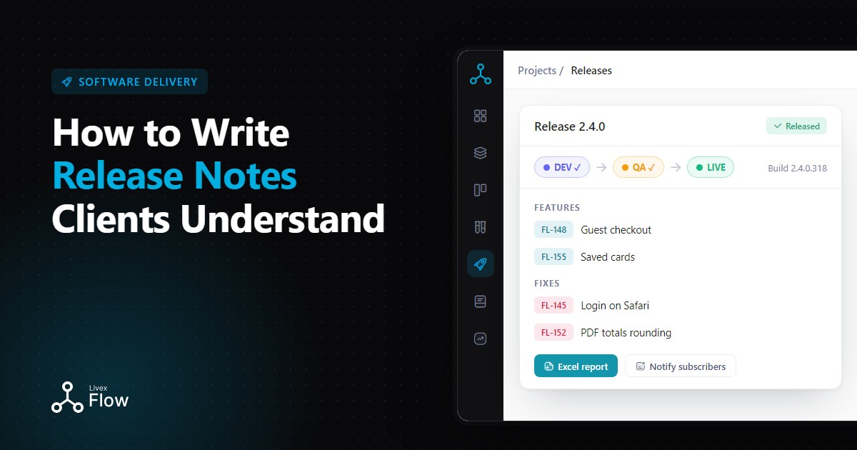 Product manager drafting clear release notes for a client on a laptop