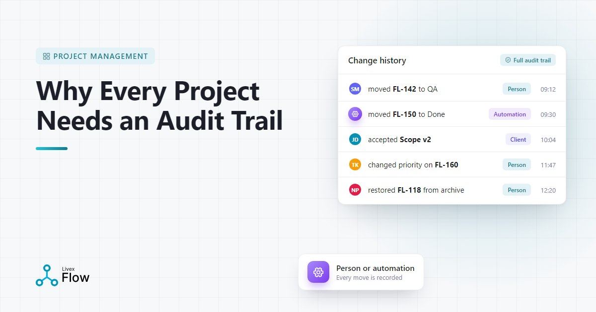 Project audit trail showing a timeline of ticket changes, approvals and sign-offs on a laptop screen