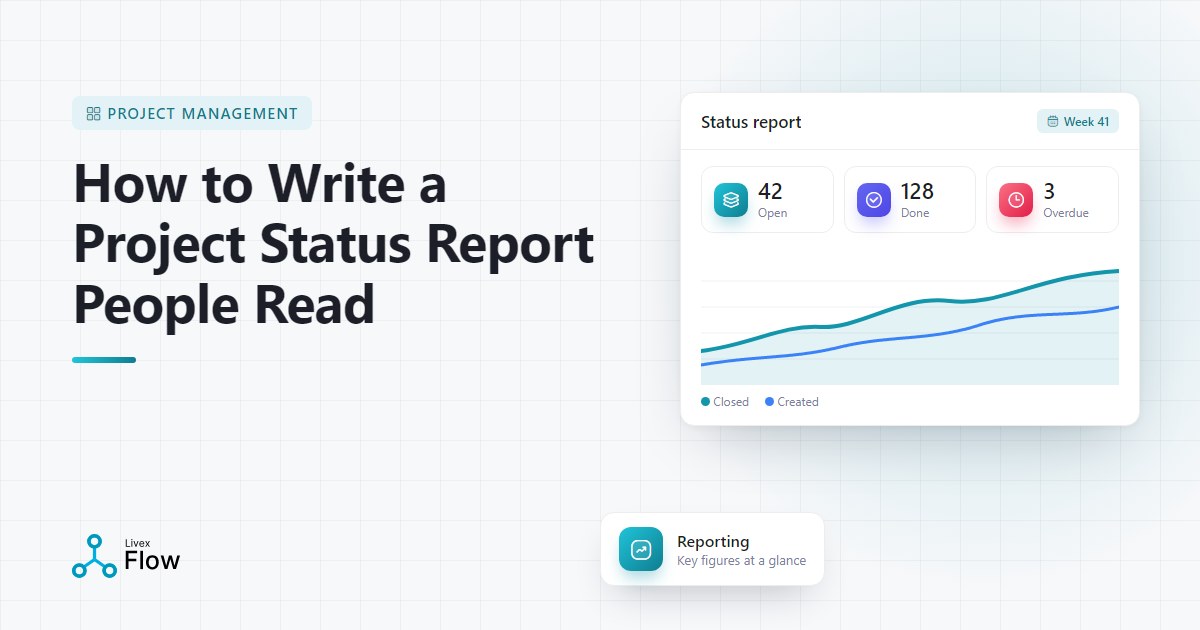 Manager reading a concise project status report with progress charts on a laptop